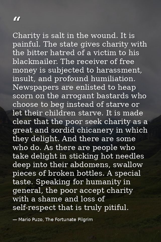 Charity is salt in the wound. It is painful. The state gives charity with the bitter hatred of a victim to his blackmail — Mario Puzo, The Fortunate Pilgrim