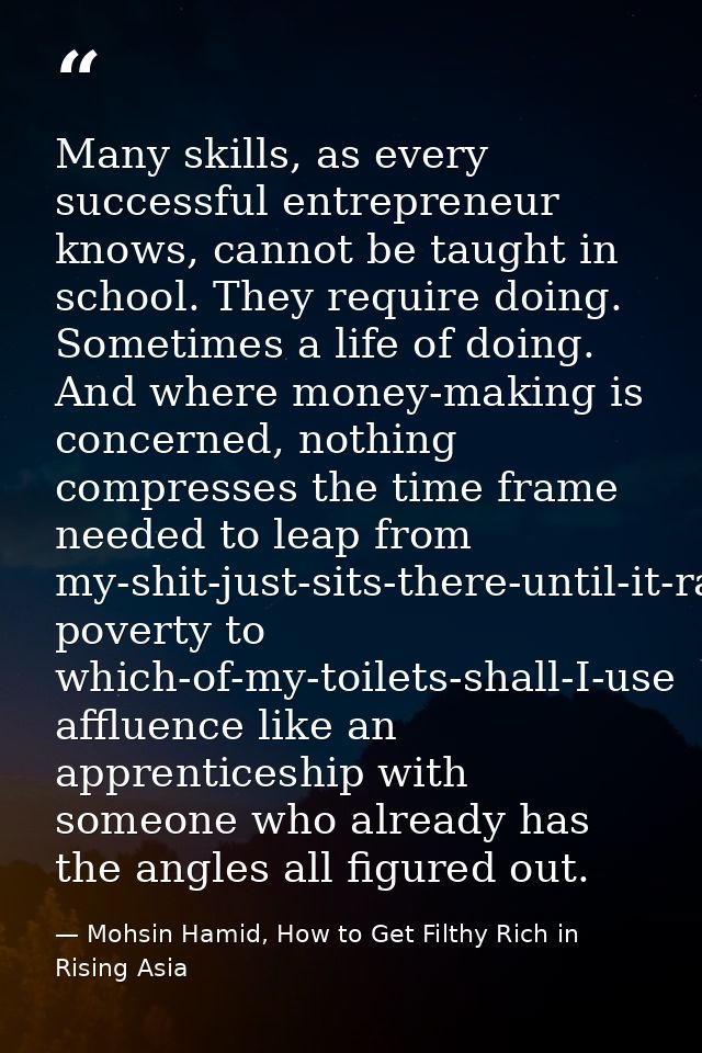 Many skills, as every successful entrepreneur knows, cannot be taught in school. They require doing. Sometimes a life of — Mohsin Hamid, How to Get Filthy Rich in Rising Asia