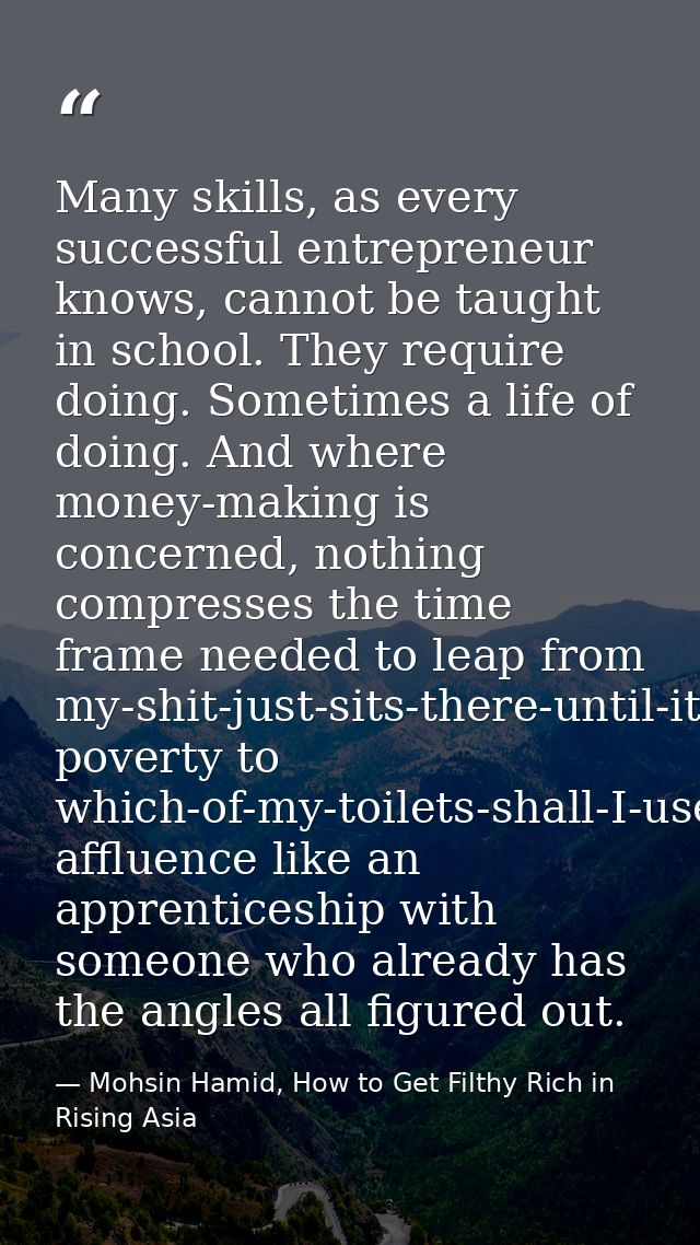 Many skills, as every successful entrepreneur knows, cannot be taught in school. They require doing. Sometimes a life of — Mohsin Hamid, How to Get Filthy Rich in Rising Asia