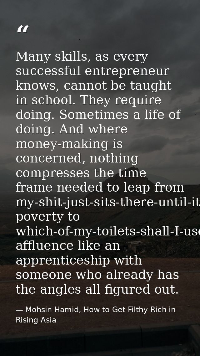 Many skills, as every successful entrepreneur knows, cannot be taught in school. They require doing. Sometimes a life of — Mohsin Hamid, How to Get Filthy Rich in Rising Asia