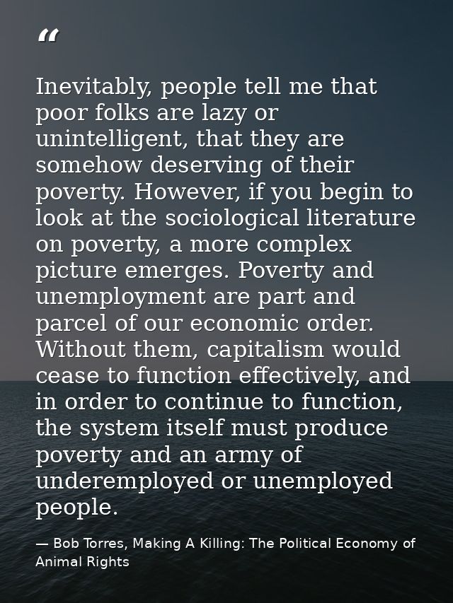 Inevitably, people tell me that poor folks are lazy or unintelligent, that they are somehow deserving of their poverty.  — Bob Torres, Making A Killing: The Political Economy of Animal Rights