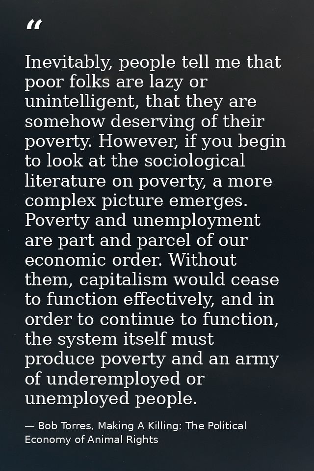 Inevitably, people tell me that poor folks are lazy or unintelligent, that they are somehow deserving of their poverty.  — Bob Torres, Making A Killing: The Political Economy of Animal Rights