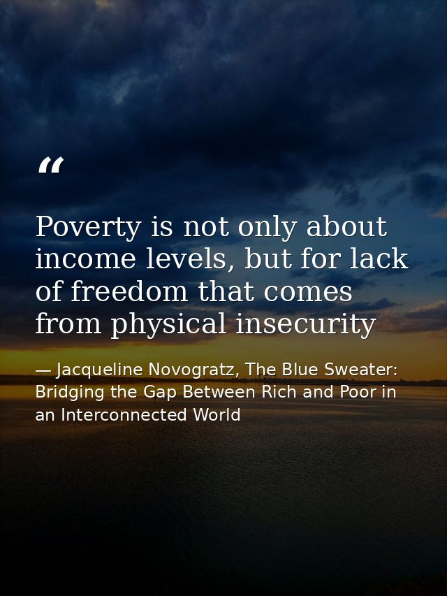 Poverty is not only about income levels, but for lack of freedom that comes from physical insecurity — Jacqueline Novogratz, The Blue Sweater: Bridging the Gap Between Rich and Poor in an Interconnected World