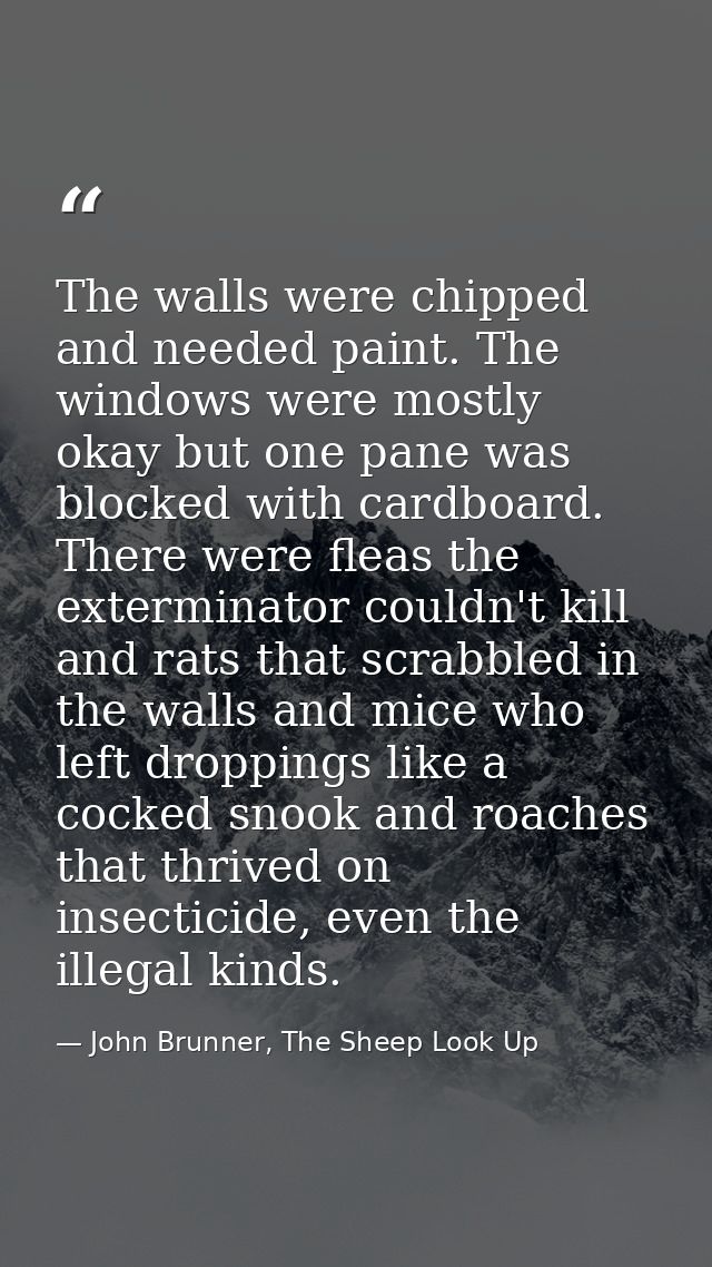 The walls were chipped and needed paint. The windows were mostly okay but one pane was blocked with cardboard. There wer — John Brunner, The Sheep Look Up