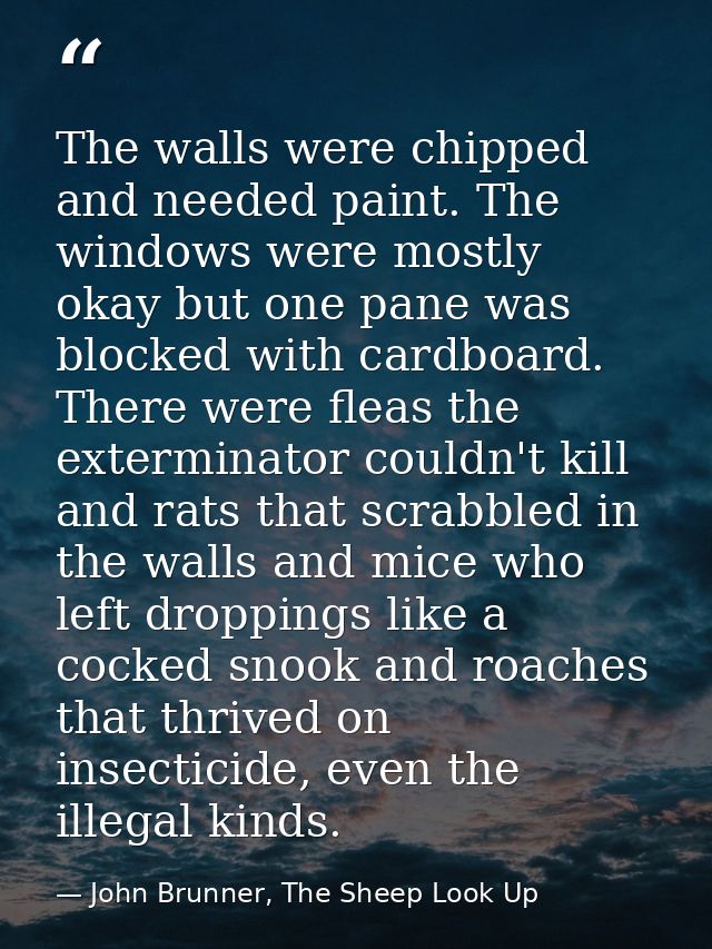 The walls were chipped and needed paint. The windows were mostly okay but one pane was blocked with cardboard. There wer — John Brunner, The Sheep Look Up