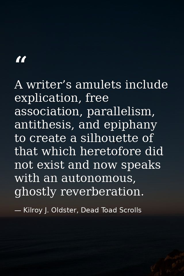 A writer’s amulets include explication, free association, parallelism, antithesis, and epiphany to create a silhouette o — Kilroy J. Oldster, Dead Toad Scrolls