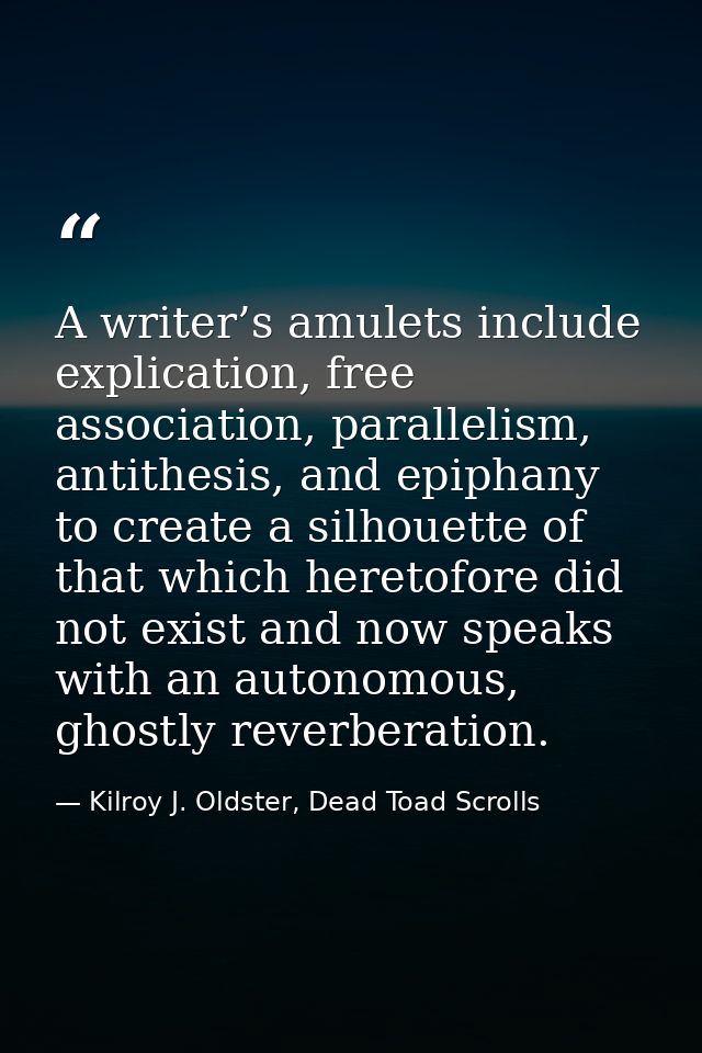A writer’s amulets include explication, free association, parallelism, antithesis, and epiphany to create a silhouette o — Kilroy J. Oldster, Dead Toad Scrolls