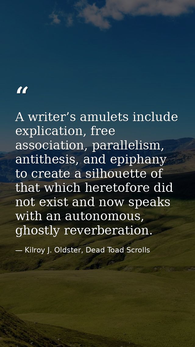 A writer’s amulets include explication, free association, parallelism, antithesis, and epiphany to create a silhouette o — Kilroy J. Oldster, Dead Toad Scrolls
