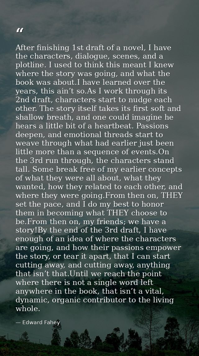 After finishing 1st draft of a novel, I have the characters, dialogue, scenes, and a plotline. I used to think this mean — Edward Fahey