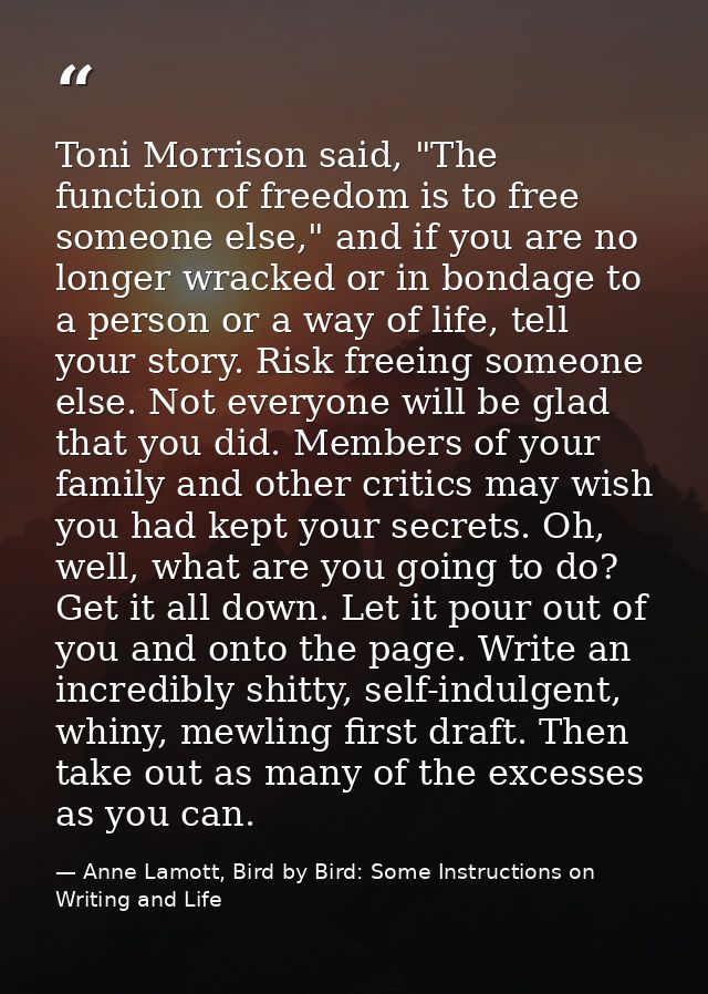 Toni Morrison said, "The function of freedom is to free someone else," and if you are no longer wracked or in bondage to — Anne Lamott, Bird by Bird: Some Instructions on Writing and Life