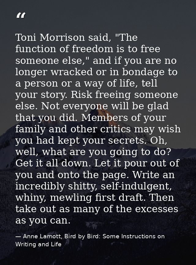 Toni Morrison said, "The function of freedom is to free someone else," and if you are no longer wracked or in bondage to — Anne Lamott, Bird by Bird: Some Instructions on Writing and Life