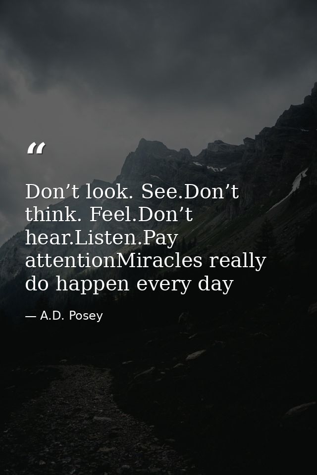 Don’t look. See.Don’t think. Feel.Don’t hear.Listen.Pay attentionMiracles really do happen every day — A.D. Posey