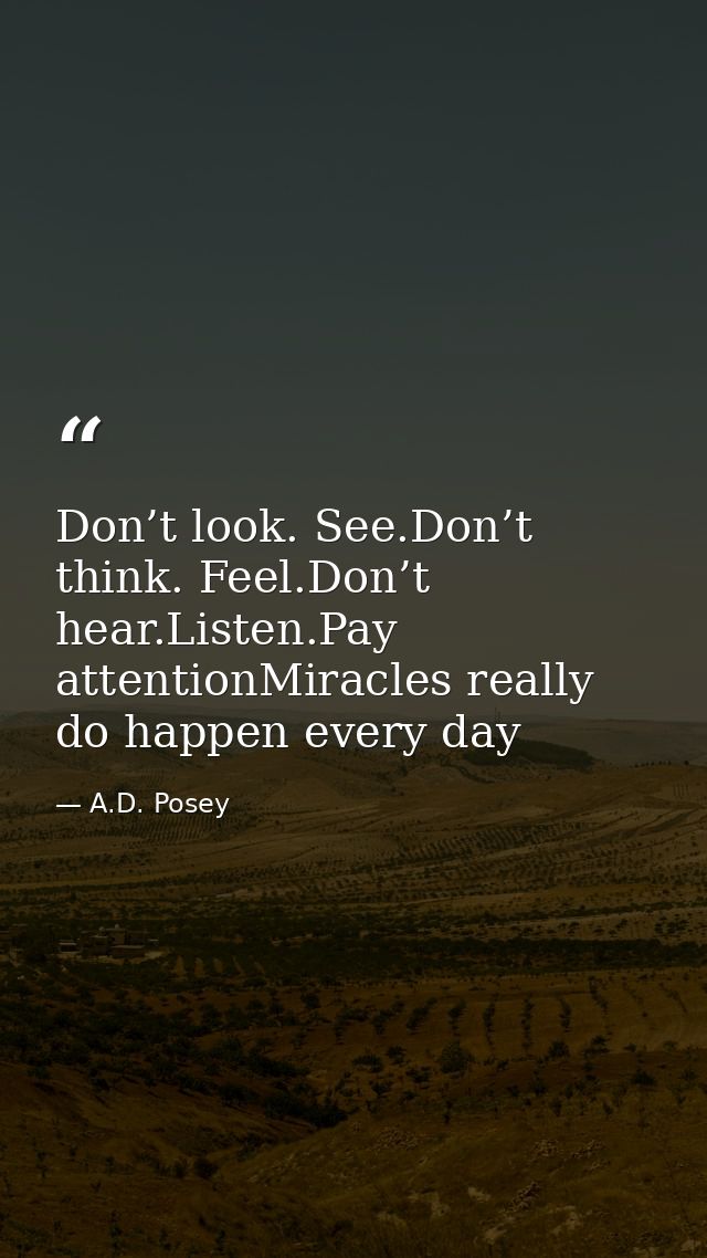 Don’t look. See.Don’t think. Feel.Don’t hear.Listen.Pay attentionMiracles really do happen every day — A.D. Posey