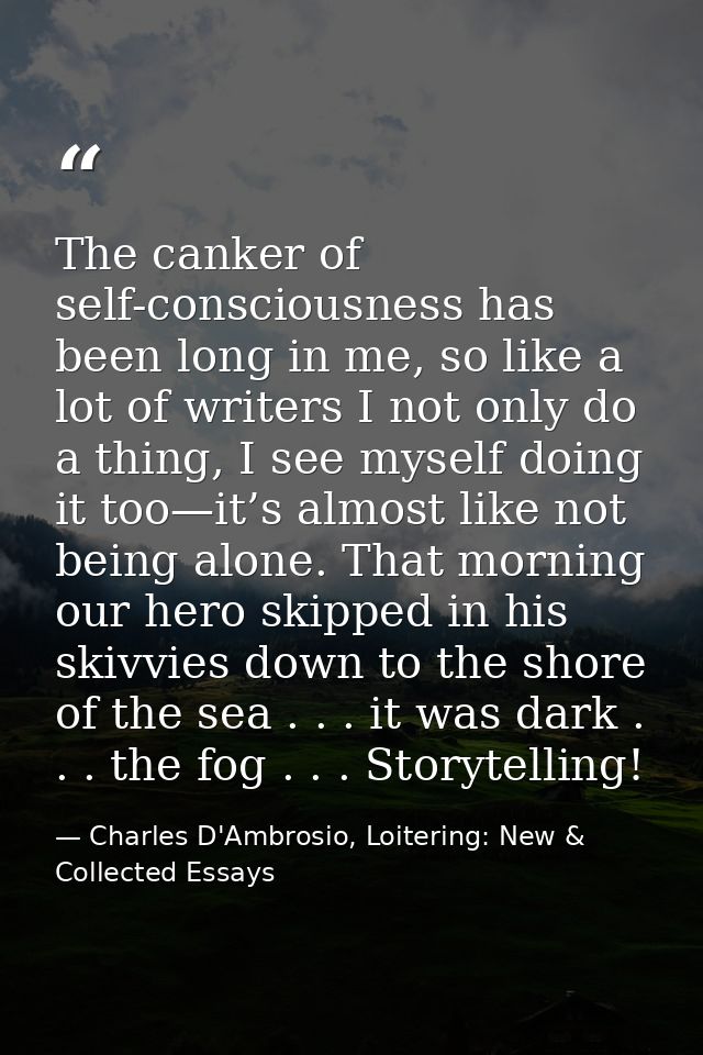 The canker of self-consciousness has been long in me, so like a lot of writers I not only do a thing, I see myself doing — Charles D'Ambrosio, Loitering: New & Collected Essays