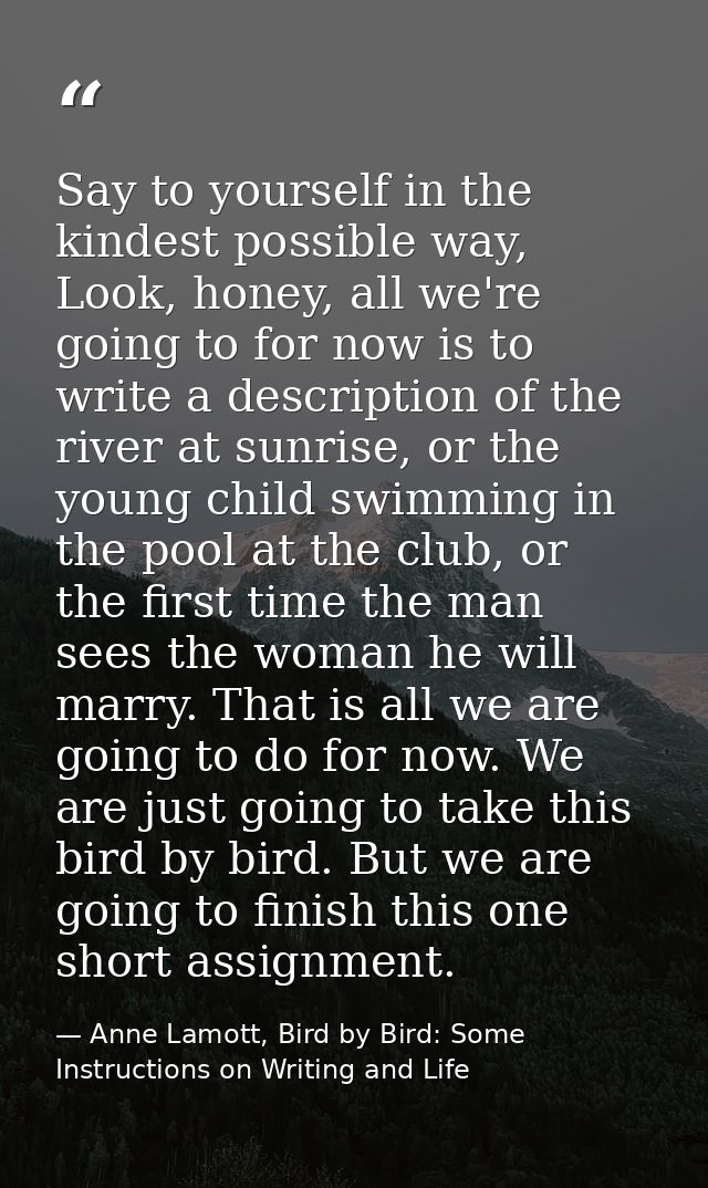 Say to yourself in the kindest possible way, Look, honey, all we're going to for now is to write a description of the ri — Anne Lamott, Bird by Bird: Some Instructions on Writing and Life
