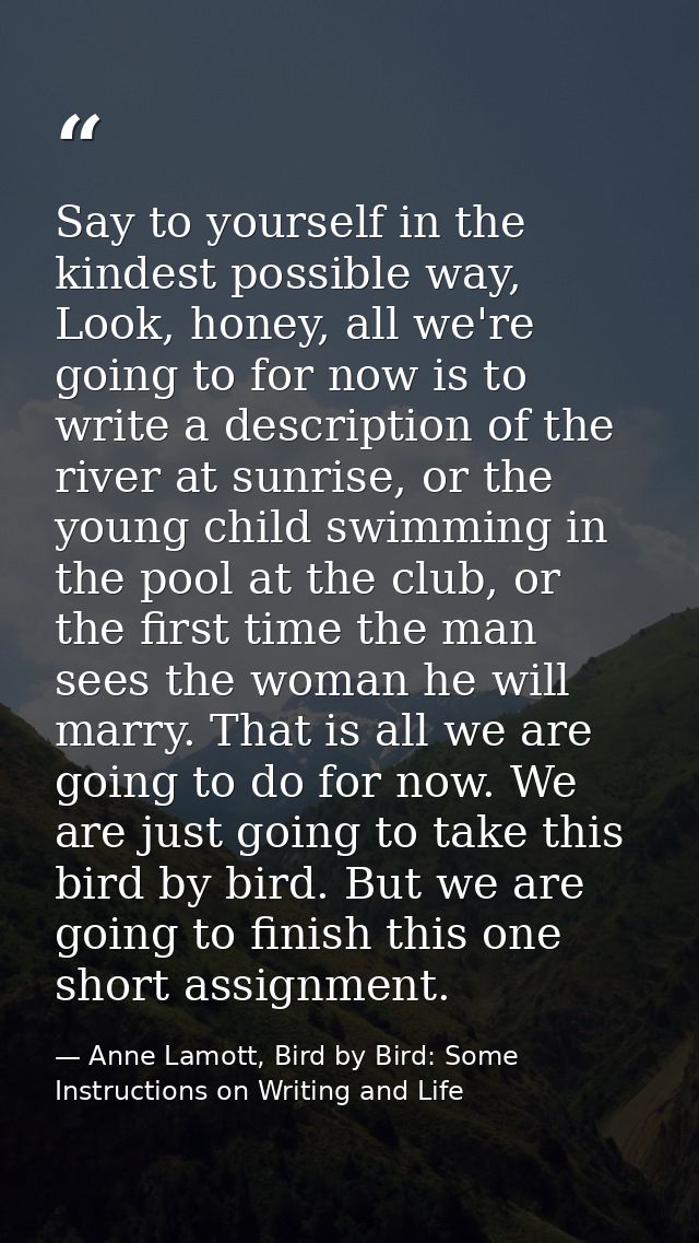 Say to yourself in the kindest possible way, Look, honey, all we're going to for now is to write a description of the ri — Anne Lamott, Bird by Bird: Some Instructions on Writing and Life