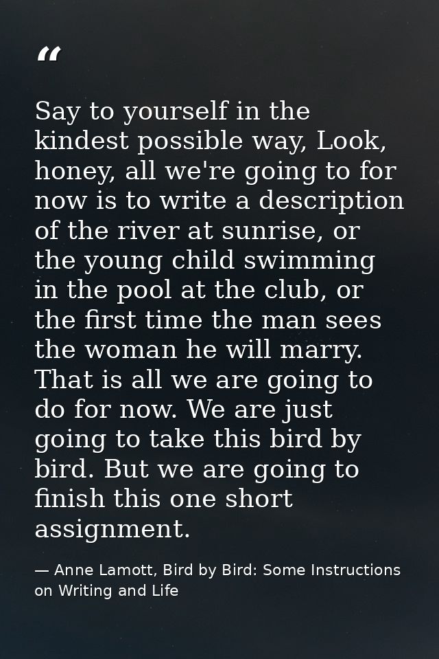 Say to yourself in the kindest possible way, Look, honey, all we're going to for now is to write a description of the ri — Anne Lamott, Bird by Bird: Some Instructions on Writing and Life
