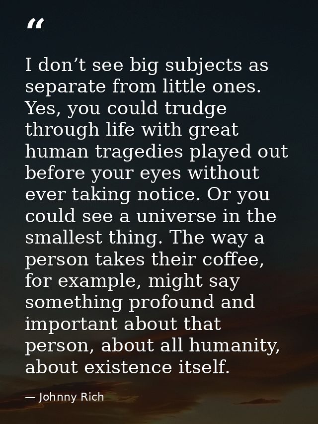 I don’t see big subjects as separate from little ones. Yes, you could trudge through life with great human tragedies pla — Johnny Rich