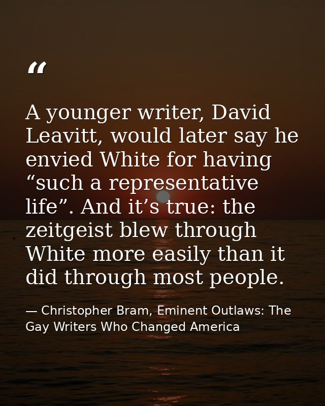 A younger writer, David Leavitt, would later say he envied White for having “such a representative life”. And it’s true: — Christopher Bram, Eminent Outlaws: The Gay Writers Who Changed America