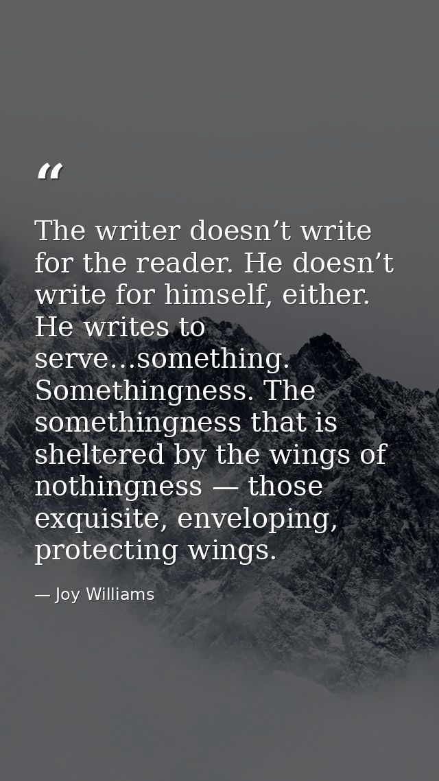 The writer doesn’t write for the reader. He doesn’t write for himself, either. He writes to serve…something. Somethingne — Joy Williams