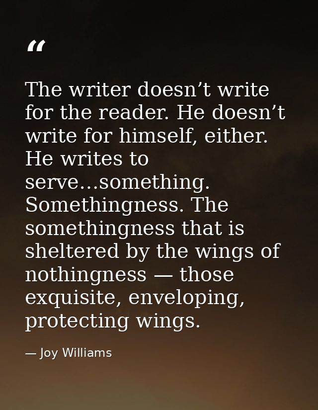 The writer doesn’t write for the reader. He doesn’t write for himself, either. He writes to serve…something. Somethingne — Joy Williams