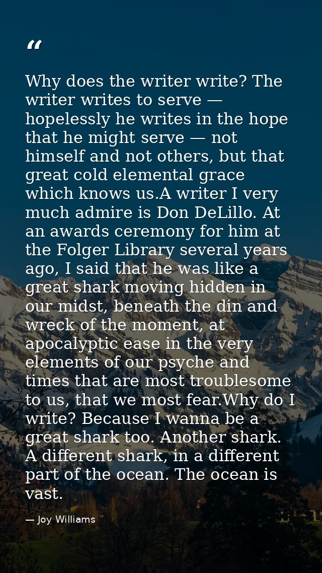 Why does the writer write? The writer writes to serve — hopelessly he writes in the hope that he might serve — not himse — Joy Williams