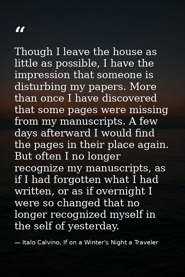Though I leave the house as little as possible, I have the impression that someone is disturbing my papers. More than on — Italo Calvino, If on a Winter's Night a Traveler