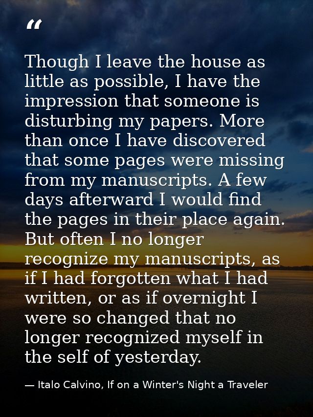 Though I leave the house as little as possible, I have the impression that someone is disturbing my papers. More than on — Italo Calvino, If on a Winter's Night a Traveler