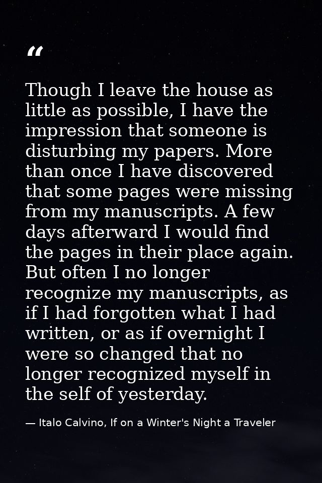 Though I leave the house as little as possible, I have the impression that someone is disturbing my papers. More than on — Italo Calvino, If on a Winter's Night a Traveler