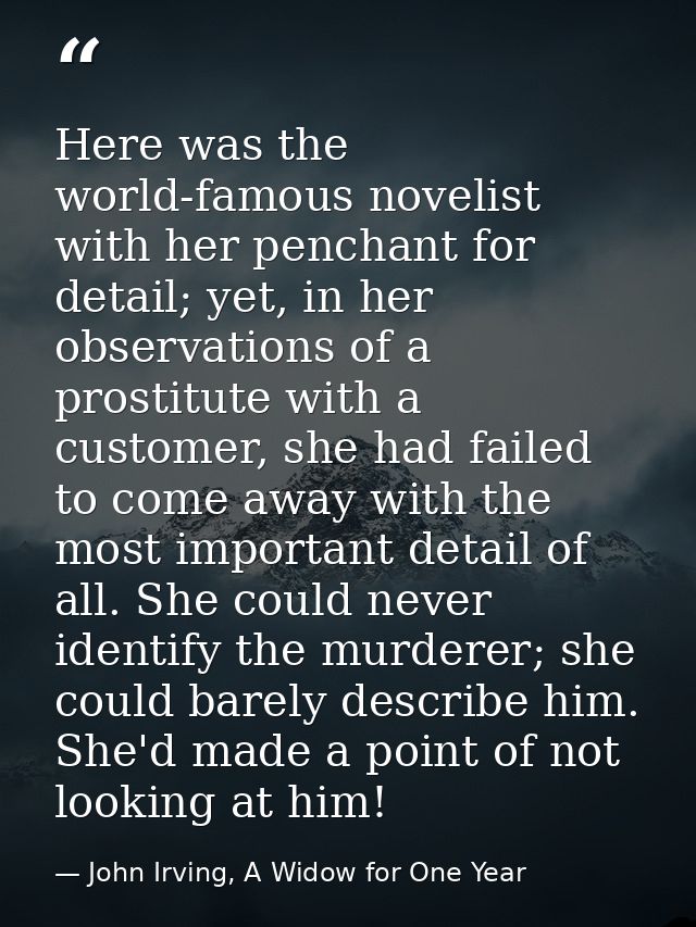 Here was the world-famous novelist with her penchant for detail; yet, in her observations of a prostitute with a custome — John Irving, A Widow for One Year