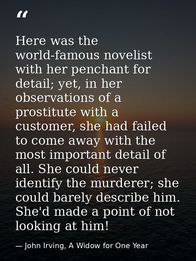 Here was the world-famous novelist with her penchant for detail; yet, in her observations of a prostitute with a custome — John Irving, A Widow for One Year