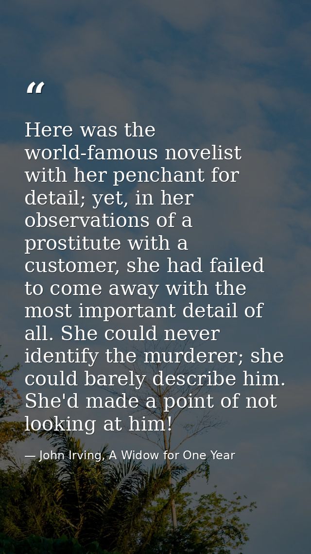 Here was the world-famous novelist with her penchant for detail; yet, in her observations of a prostitute with a custome — John Irving, A Widow for One Year