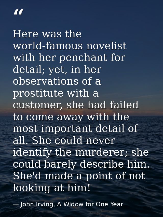 Here was the world-famous novelist with her penchant for detail; yet, in her observations of a prostitute with a custome — John Irving, A Widow for One Year