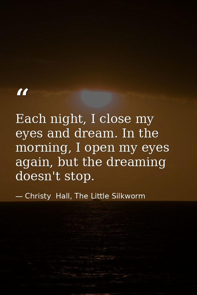 Each night, I close my eyes and dream. In the morning, I open my eyes again, but the dreaming doesn't stop. — Christy  Hall, The Little Silkworm
