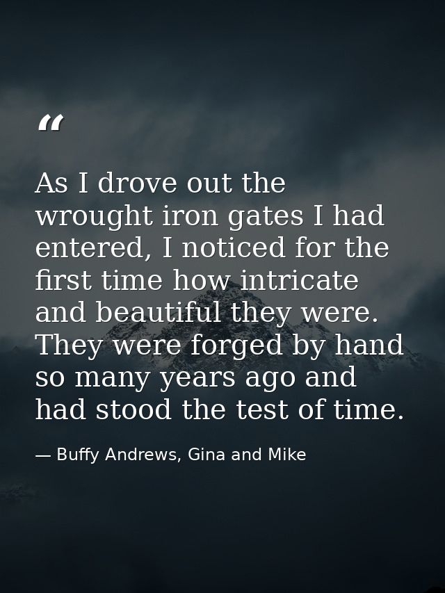 As I drove out the wrought iron gates I had entered, I noticed for the first time how intricate and beautiful they were. — Buffy Andrews, Gina and Mike