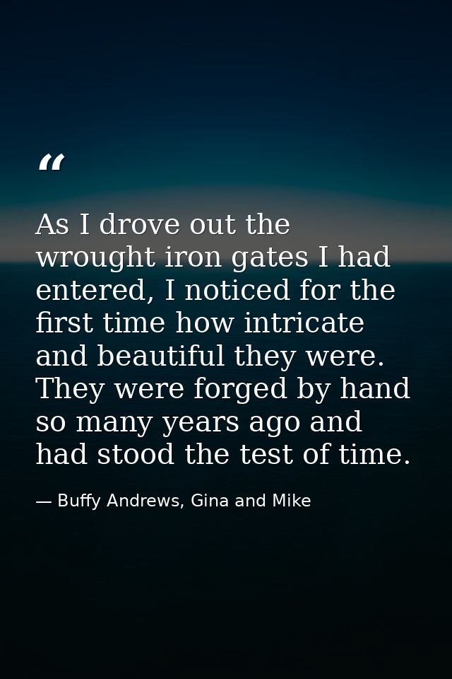 As I drove out the wrought iron gates I had entered, I noticed for the first time how intricate and beautiful they were. — Buffy Andrews, Gina and Mike