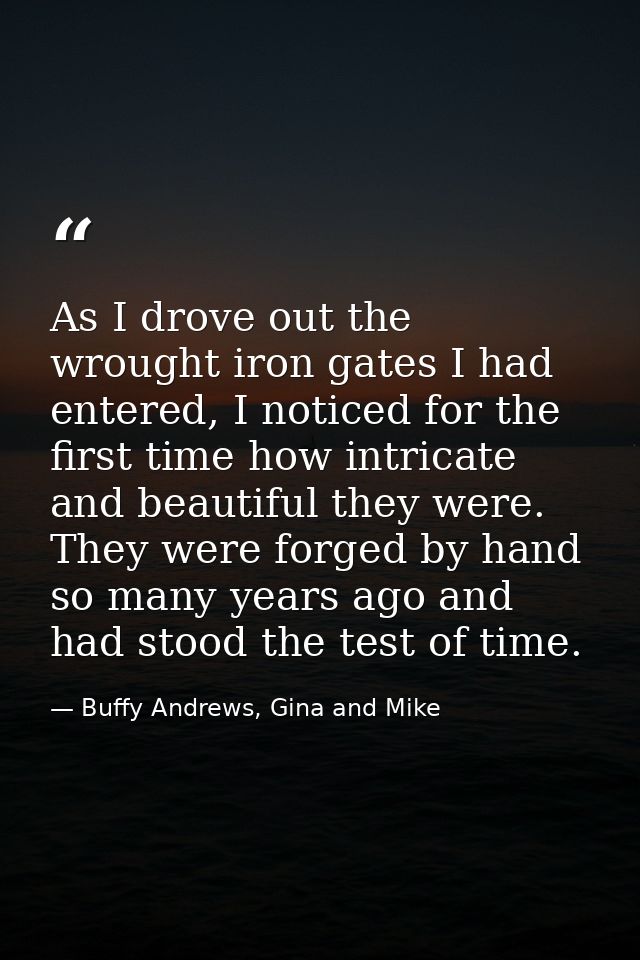 As I drove out the wrought iron gates I had entered, I noticed for the first time how intricate and beautiful they were. — Buffy Andrews, Gina and Mike