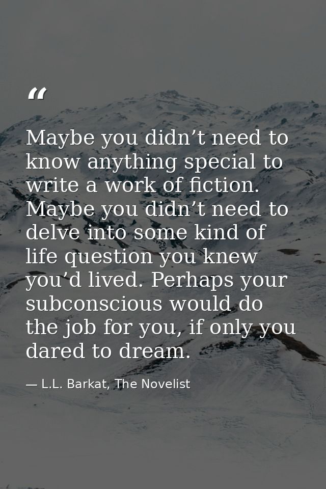 Maybe you didn’t need to know anything special to write a work of fiction. Maybe you didn’t need to delve into some kind — L.L. Barkat, The Novelist