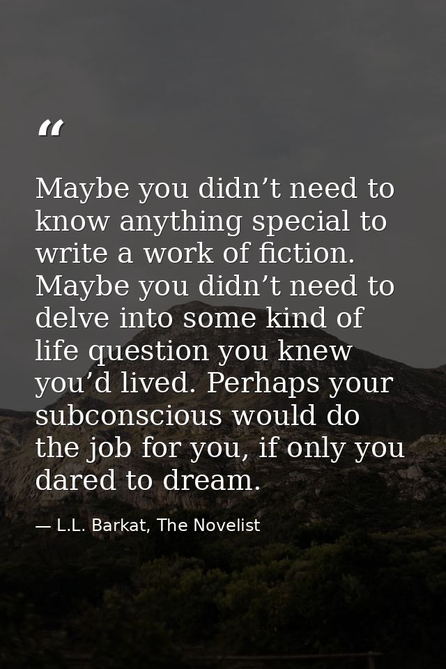 Maybe you didn’t need to know anything special to write a work of fiction. Maybe you didn’t need to delve into some kind — L.L. Barkat, The Novelist