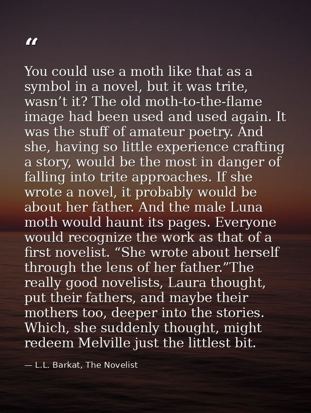 You could use a moth like that as a symbol in a novel, but it was trite, wasn’t it? The old moth-to-the-flame image had  — L.L. Barkat, The Novelist