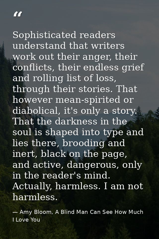 Sophisticated readers understand that writers work out their anger, their conflicts, their endless grief and rolling lis — Amy Bloom, A Blind Man Can See How Much I Love You