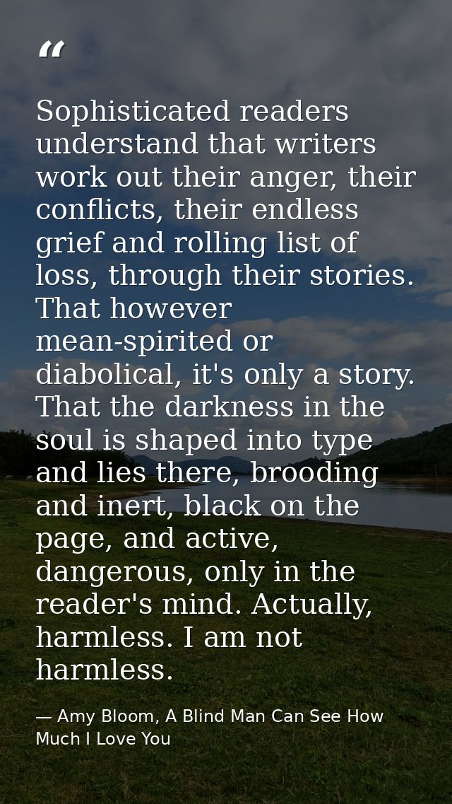 Sophisticated readers understand that writers work out their anger, their conflicts, their endless grief and rolling lis — Amy Bloom, A Blind Man Can See How Much I Love You