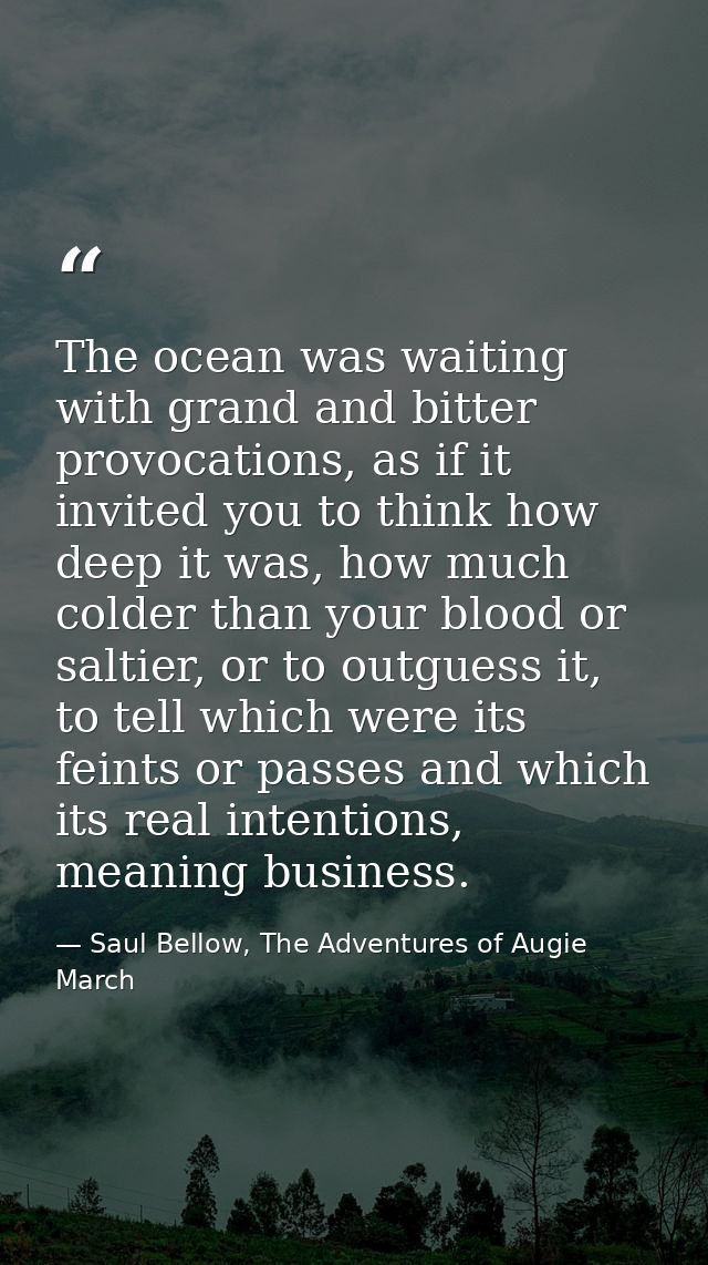 The ocean was waiting with grand and bitter provocations, as if it invited you to think how deep it was, how much colder — Saul Bellow, The Adventures of Augie March