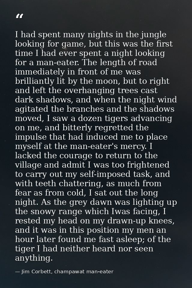 I had spent many nights in the jungle looking for game, but this was the first time I had ever spent a night looking for — Jim Corbett, champawat man-eater