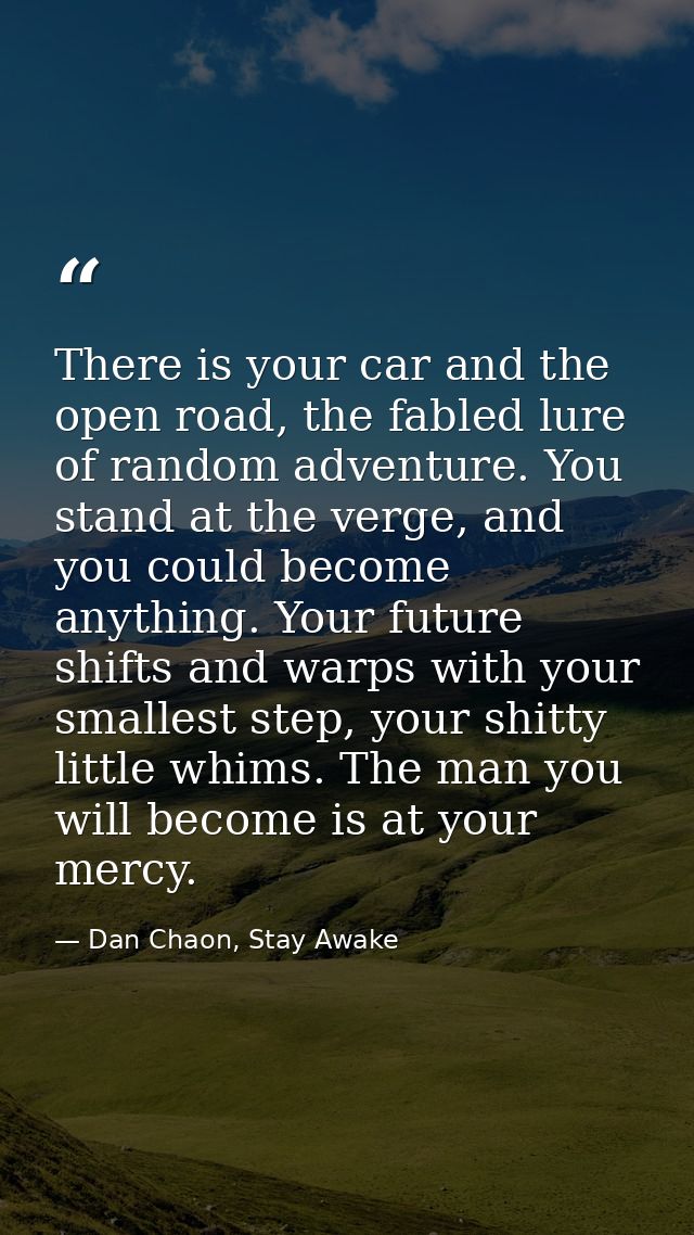 There is your car and the open road, the fabled lure of random adventure. You stand at the verge, and you could become a — Dan Chaon, Stay Awake