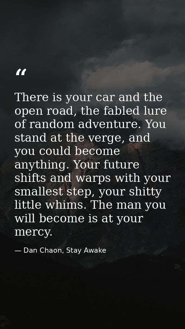 There is your car and the open road, the fabled lure of random adventure. You stand at the verge, and you could become a — Dan Chaon, Stay Awake