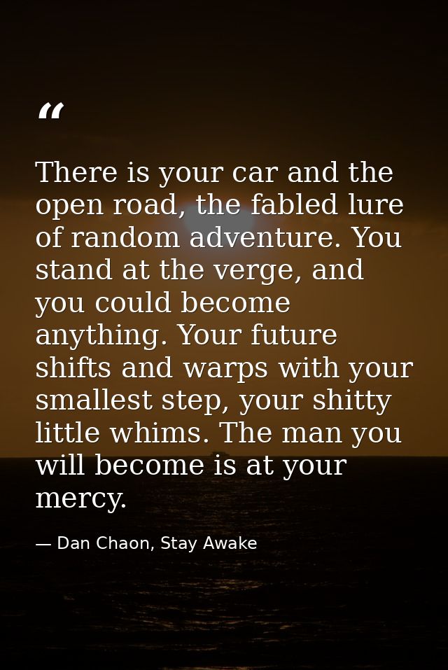 There is your car and the open road, the fabled lure of random adventure. You stand at the verge, and you could become a — Dan Chaon, Stay Awake