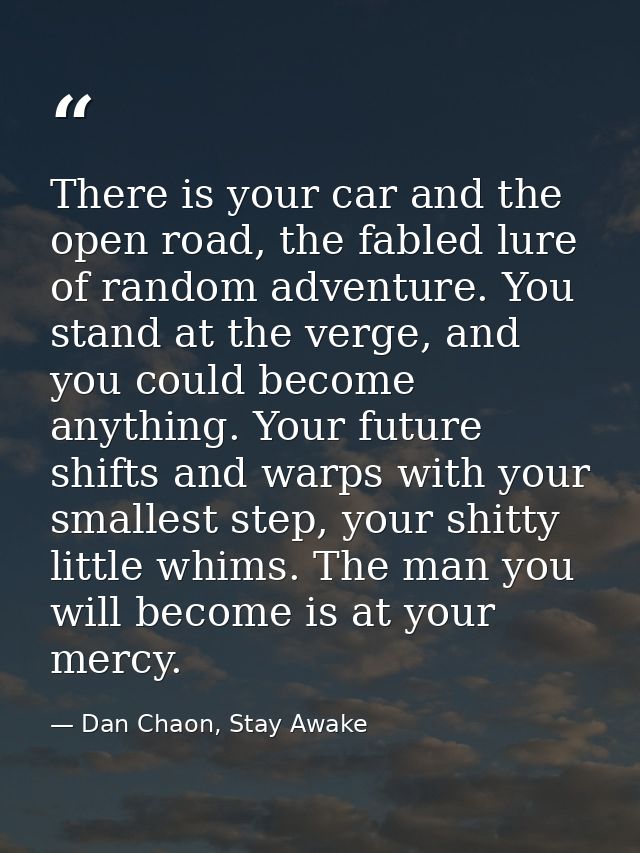 There is your car and the open road, the fabled lure of random adventure. You stand at the verge, and you could become a — Dan Chaon, Stay Awake