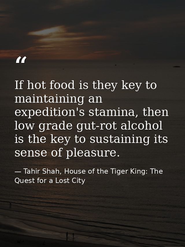 If hot food is they key to maintaining an expedition's stamina, then low grade gut-rot alcohol is the key to sustaining  — Tahir Shah, House of the Tiger King: The Quest for a Lost City