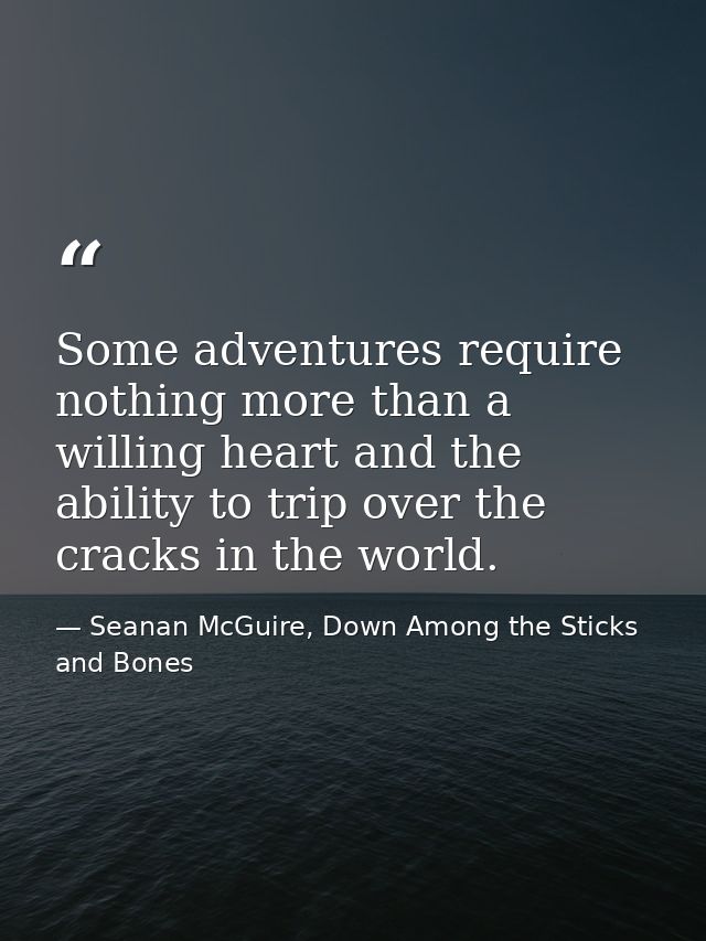 Some adventures require nothing more than a willing heart and the ability to trip over the cracks in the world. — Seanan McGuire, Down Among the Sticks and Bones
